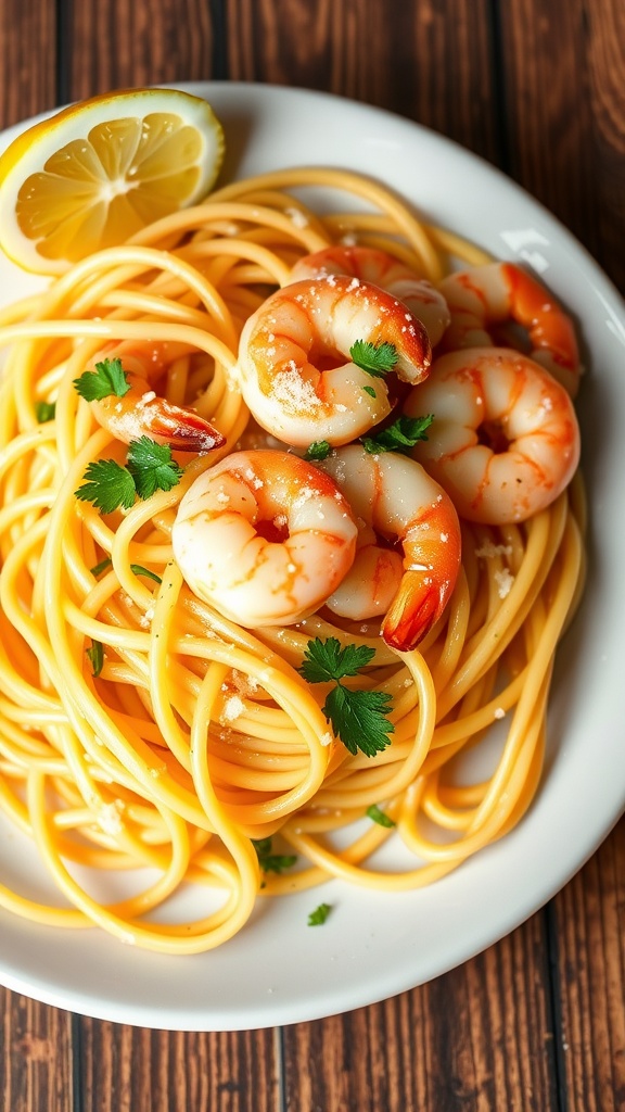 A plate of garlic butter shrimp pasta with shrimp, spaghetti, and parsley, garnished with Parmesan cheese on a rustic wooden table.